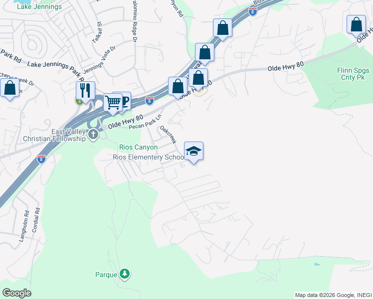 map of restaurants, bars, coffee shops, grocery stores, and more near Pine Peak in Harbison Canyon
