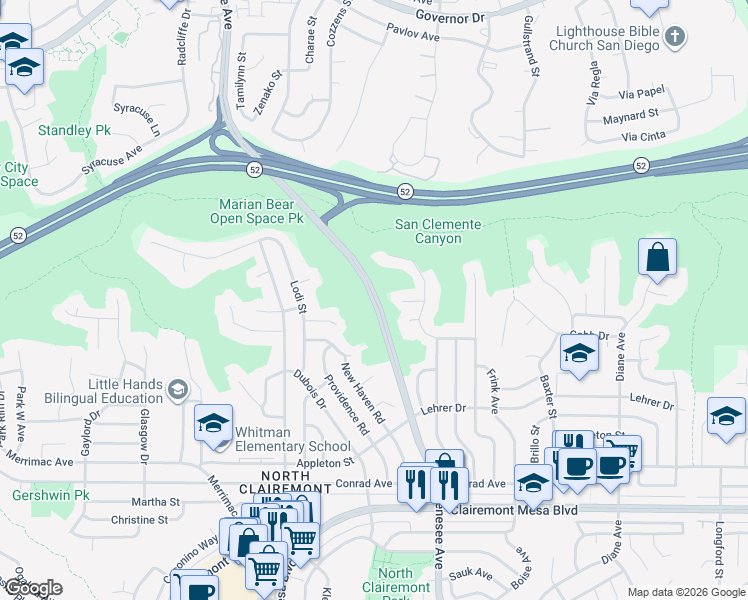 map of restaurants, bars, coffee shops, grocery stores, and more near Genesee Avenue in San Diego