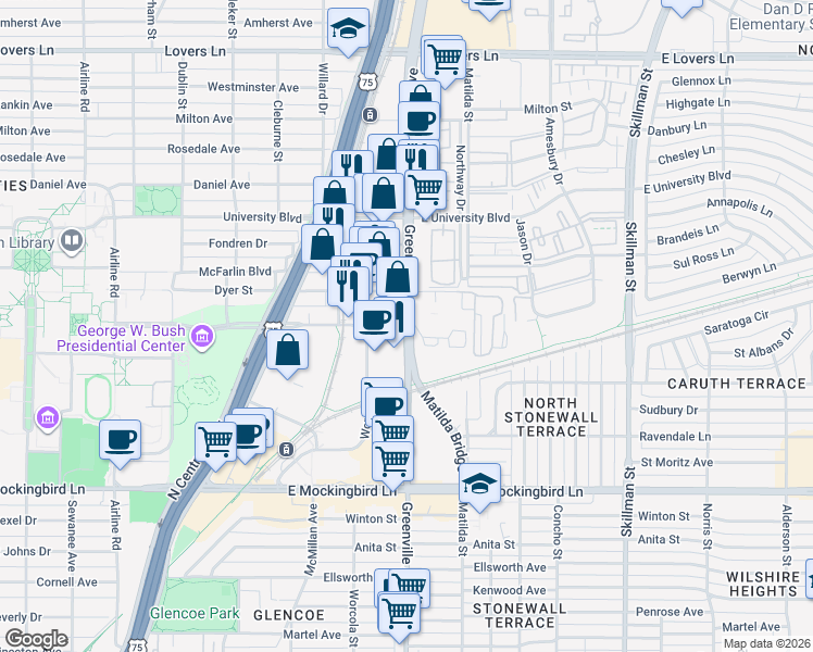 map of restaurants, bars, coffee shops, grocery stores, and more near 5700 SMU Boulevard in Dallas