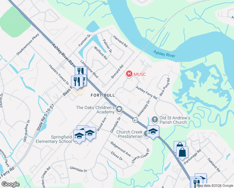 map of restaurants, bars, coffee shops, grocery stores, and more near 2766 Jobee Drive in Charleston
