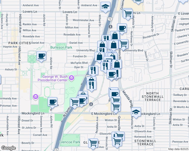 map of restaurants, bars, coffee shops, grocery stores, and more near 5400 SMU Blvd in Dallas