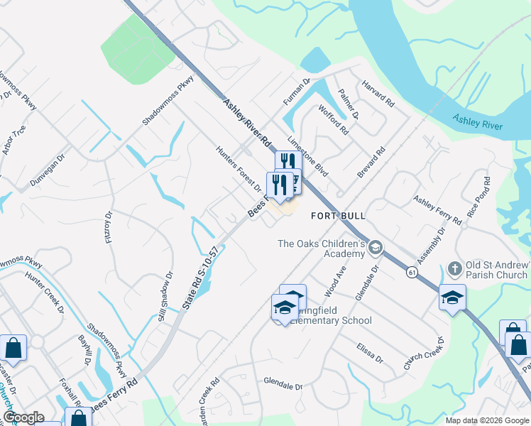 map of restaurants, bars, coffee shops, grocery stores, and more near 2901 Barrington Lane in Charleston