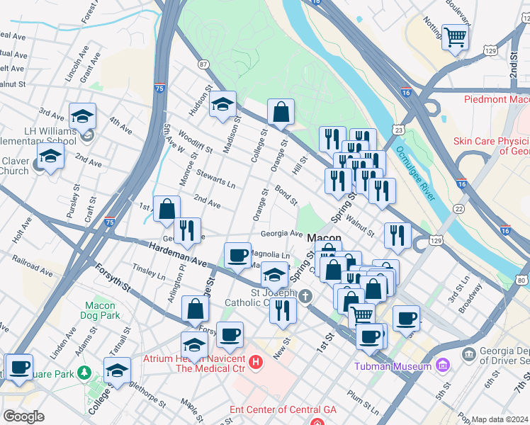 map of restaurants, bars, coffee shops, grocery stores, and more near 286 Orange Street in Macon