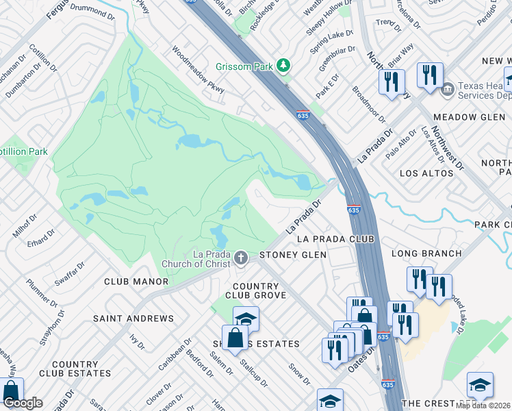 map of restaurants, bars, coffee shops, grocery stores, and more near 3912 Fairlakes Drive in Dallas