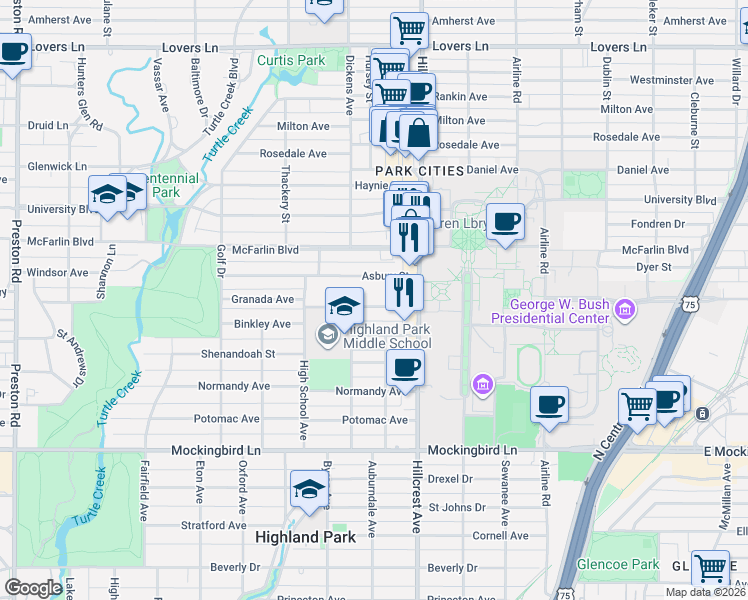 map of restaurants, bars, coffee shops, grocery stores, and more near 3443 Asbury Street in Dallas