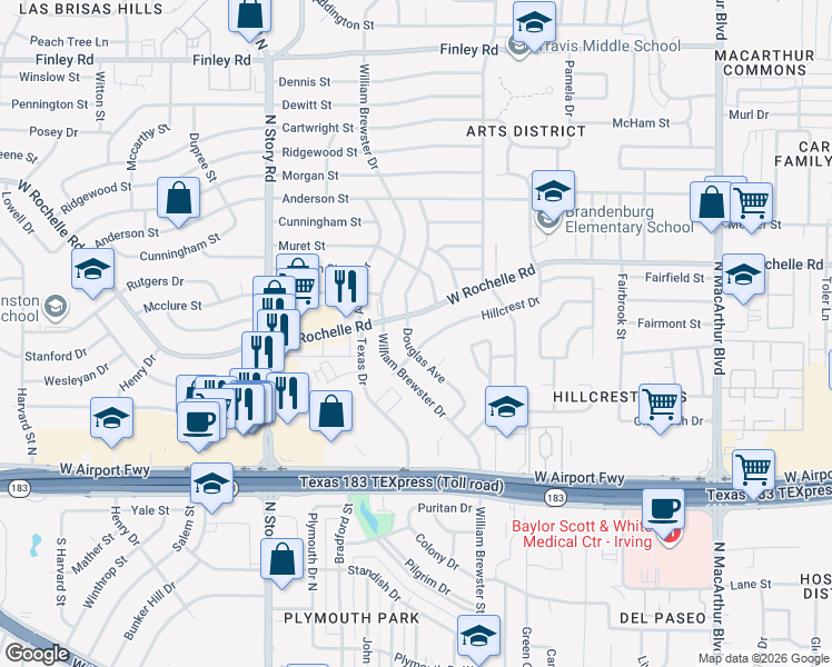 map of restaurants, bars, coffee shops, grocery stores, and more near 1908 West Rochelle Road in Irving