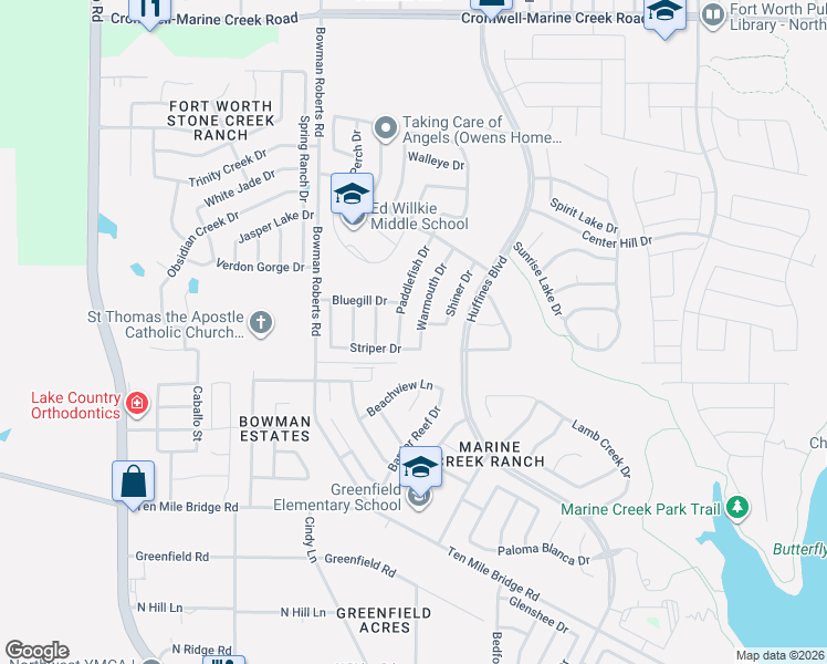 map of restaurants, bars, coffee shops, grocery stores, and more near 5924 Paddlefish Drive in Fort Worth