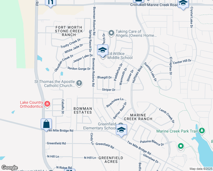map of restaurants, bars, coffee shops, grocery stores, and more near 5924 Trout Drive in Fort Worth