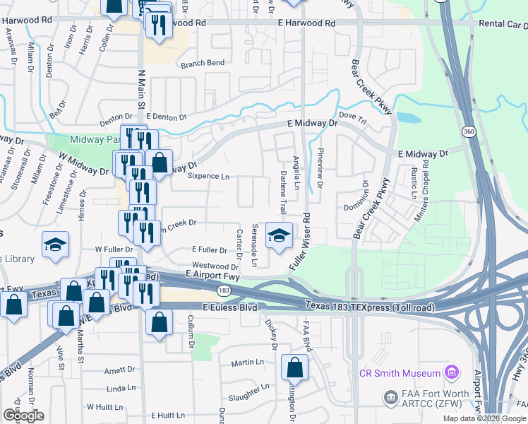 map of restaurants, bars, coffee shops, grocery stores, and more near 402 Emerson Drive in Euless