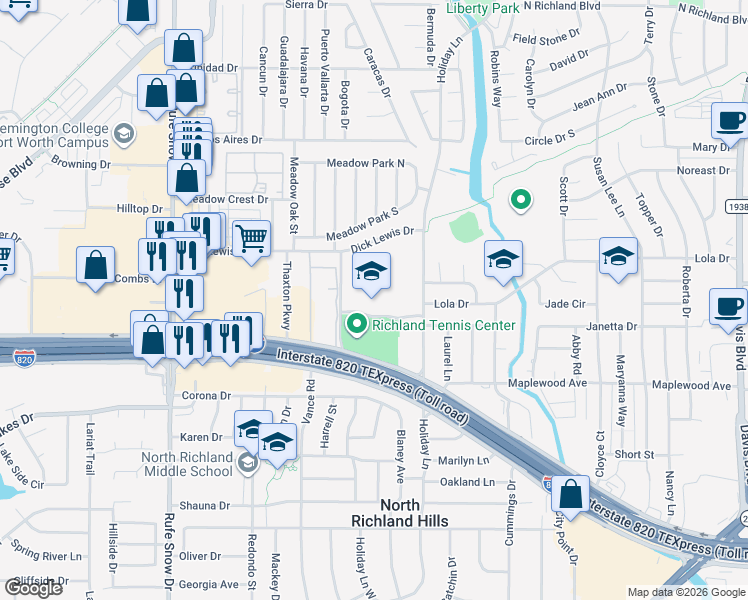 map of restaurants, bars, coffee shops, grocery stores, and more near Reynolds Road in North Richland Hills