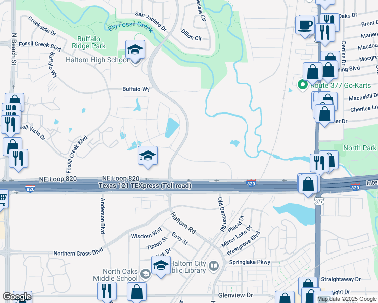 map of restaurants, bars, coffee shops, grocery stores, and more near 5400 Haltom Road in Haltom City