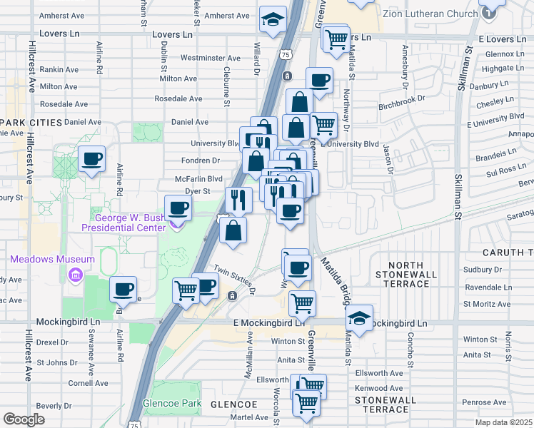 map of restaurants, bars, coffee shops, grocery stores, and more near 5601 SMU Boulevard in Dallas