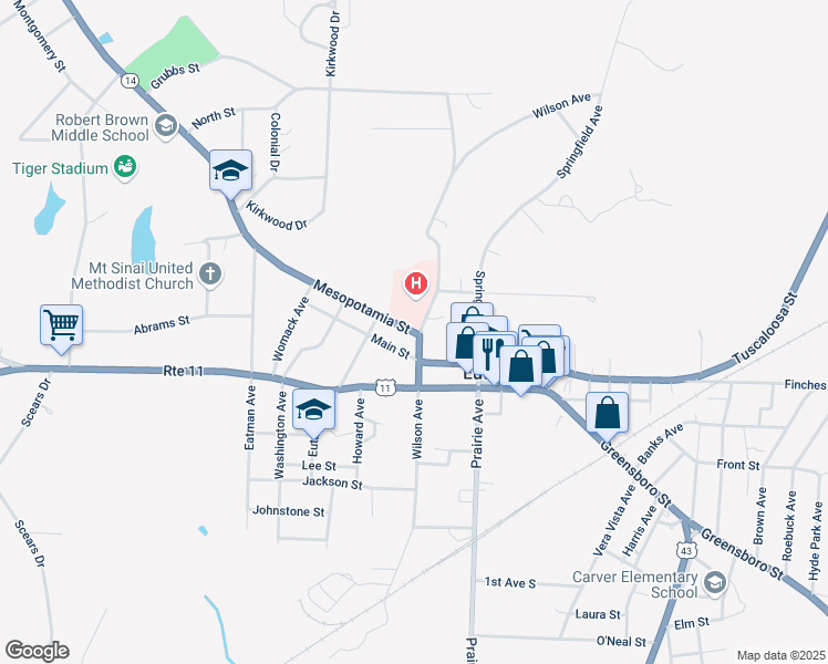 map of restaurants, bars, coffee shops, grocery stores, and more near 314 Mesopotamia Street in Eutaw