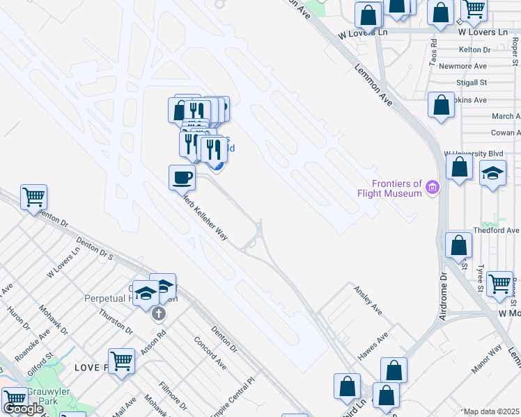 map of restaurants, bars, coffee shops, grocery stores, and more near 7510 Aviation Place in Dallas