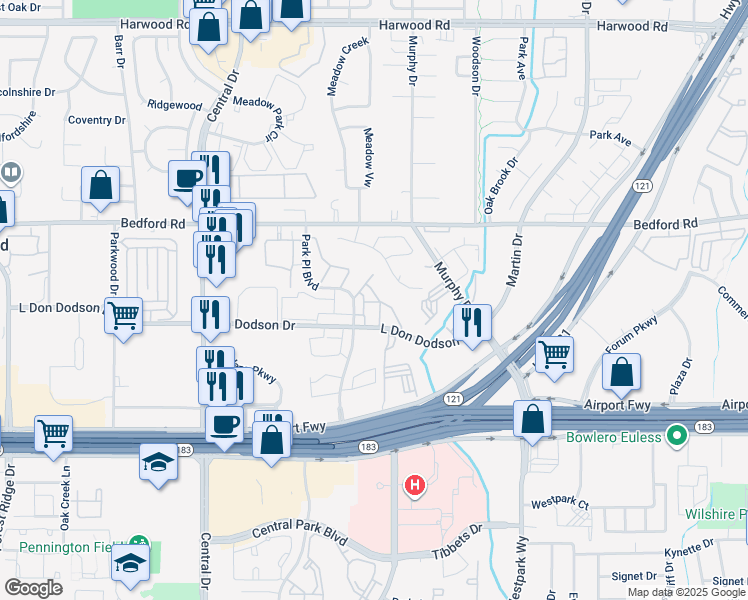 map of restaurants, bars, coffee shops, grocery stores, and more near 2401 L Don Dodson Drive in Bedford