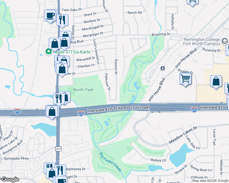 map of restaurants, bars, coffee shops, grocery stores, and more near 5244 Dunson Drive in Haltom City