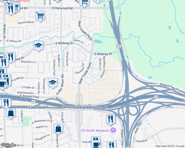 map of restaurants, bars, coffee shops, grocery stores, and more near 901 Grange Hall Road in Euless