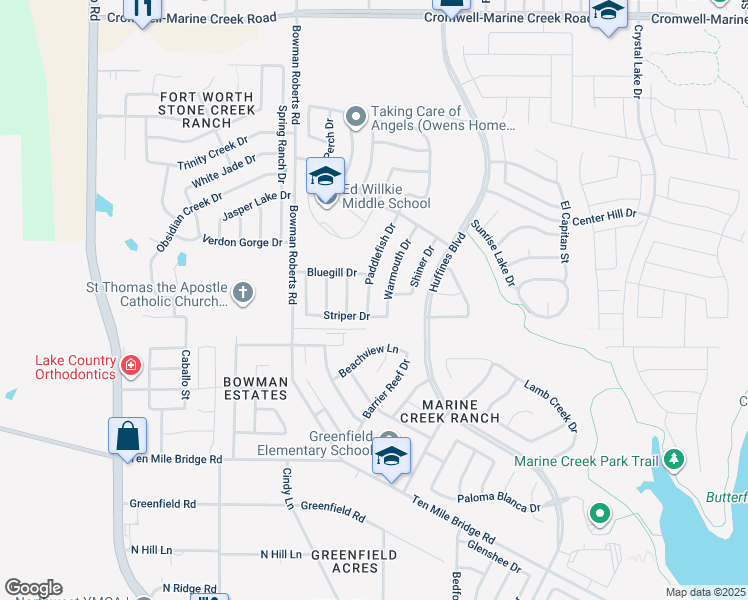 map of restaurants, bars, coffee shops, grocery stores, and more near 5912 Paddlefish Drive in Fort Worth