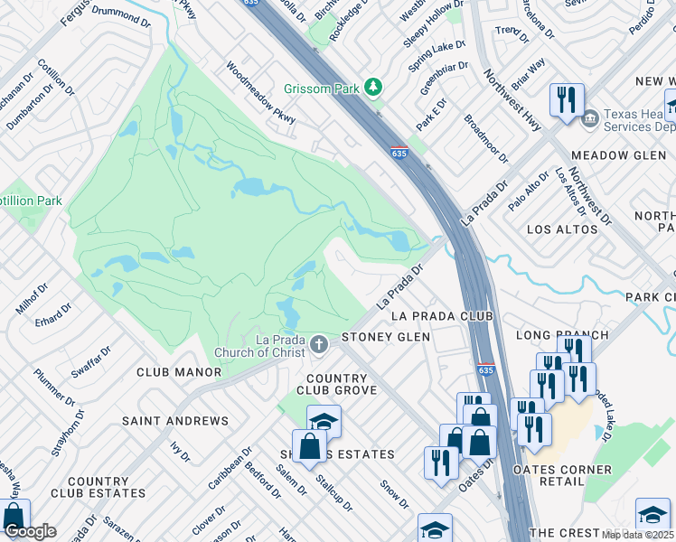 map of restaurants, bars, coffee shops, grocery stores, and more near 3912 Fairlakes Drive in Dallas