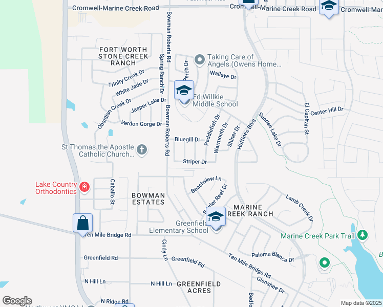 map of restaurants, bars, coffee shops, grocery stores, and more near 5924 Trout Drive in Fort Worth