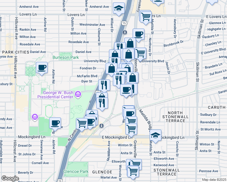 map of restaurants, bars, coffee shops, grocery stores, and more near 5585 SMU Boulevard in Dallas