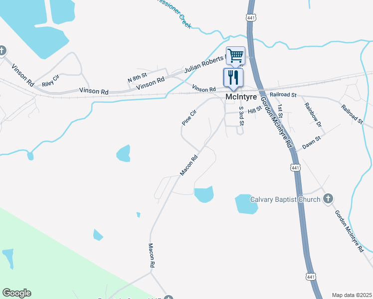 map of restaurants, bars, coffee shops, grocery stores, and more near 138 Pine Circle in McIntyre