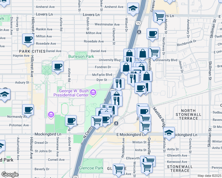 map of restaurants, bars, coffee shops, grocery stores, and more near SMU Boulevard in Dallas