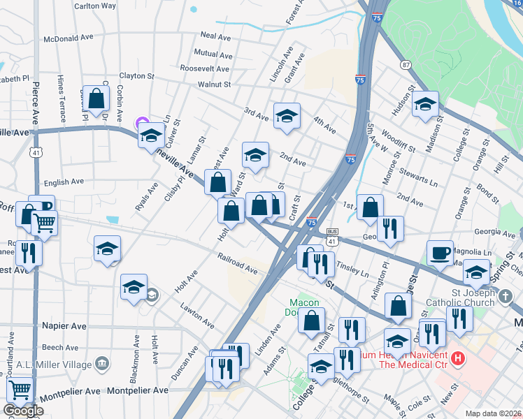 map of restaurants, bars, coffee shops, grocery stores, and more near 1985 Vineville Avenue in Macon