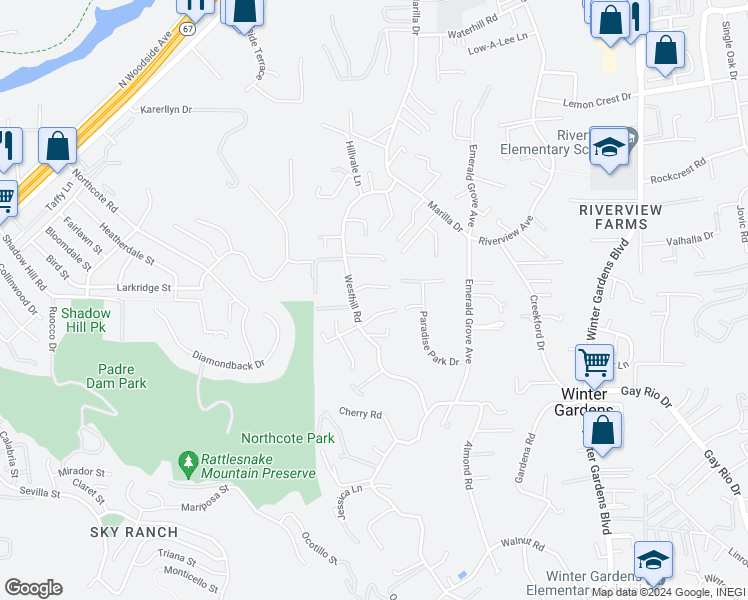 map of restaurants, bars, coffee shops, grocery stores, and more near 9127 Hillman Way in Lakeside