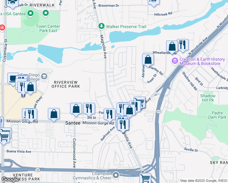 map of restaurants, bars, coffee shops, grocery stores, and more near 10706 Holly Meadows Drive in Santee