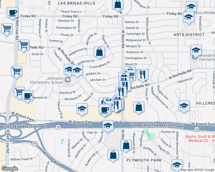 map of restaurants, bars, coffee shops, grocery stores, and more near 2421 Rutherford Street in Irving