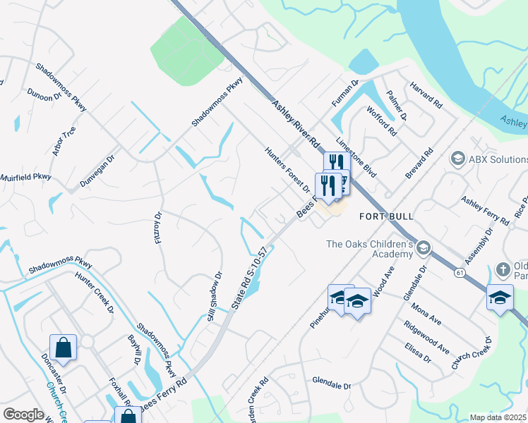 map of restaurants, bars, coffee shops, grocery stores, and more near 2932 Cheltenham Lane in Charleston