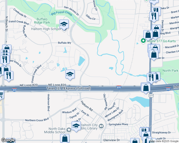 map of restaurants, bars, coffee shops, grocery stores, and more near 5400 Haltom Road in Haltom City