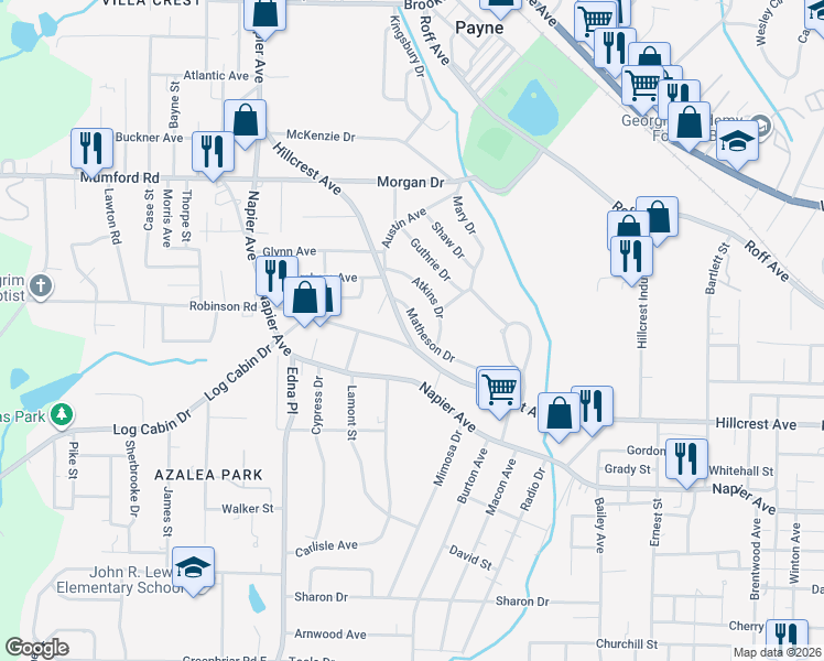 map of restaurants, bars, coffee shops, grocery stores, and more near 3352 Matheson Drive in Macon