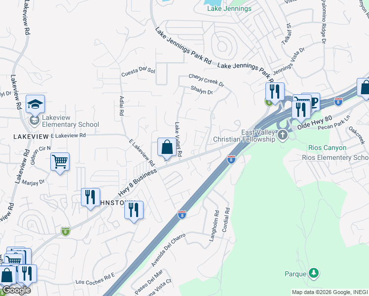 map of restaurants, bars, coffee shops, grocery stores, and more near 13732 Wyeth Road in El Cajon