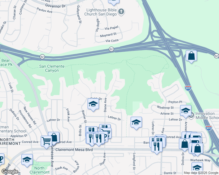 map of restaurants, bars, coffee shops, grocery stores, and more near 5424 Diane Avenue in San Diego
