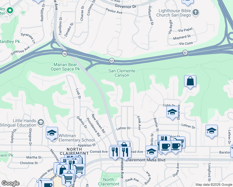 map of restaurants, bars, coffee shops, grocery stores, and more near 5325 Jamestown Road in San Diego