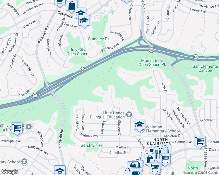 map of restaurants, bars, coffee shops, grocery stores, and more near 5363 Gaylord Drive in San Diego
