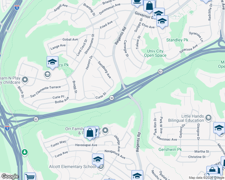 map of restaurants, bars, coffee shops, grocery stores, and more near 5415 Sandburg Avenue in San Diego