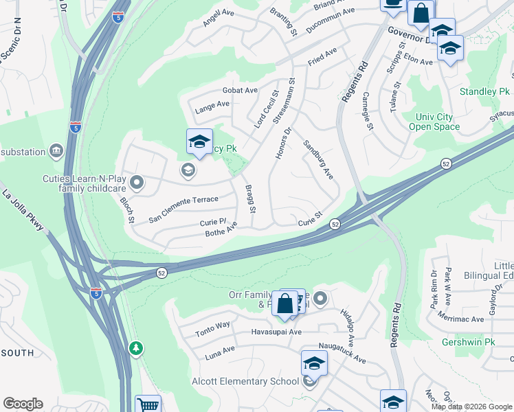 map of restaurants, bars, coffee shops, grocery stores, and more near 5425 Bragg Street in San Diego