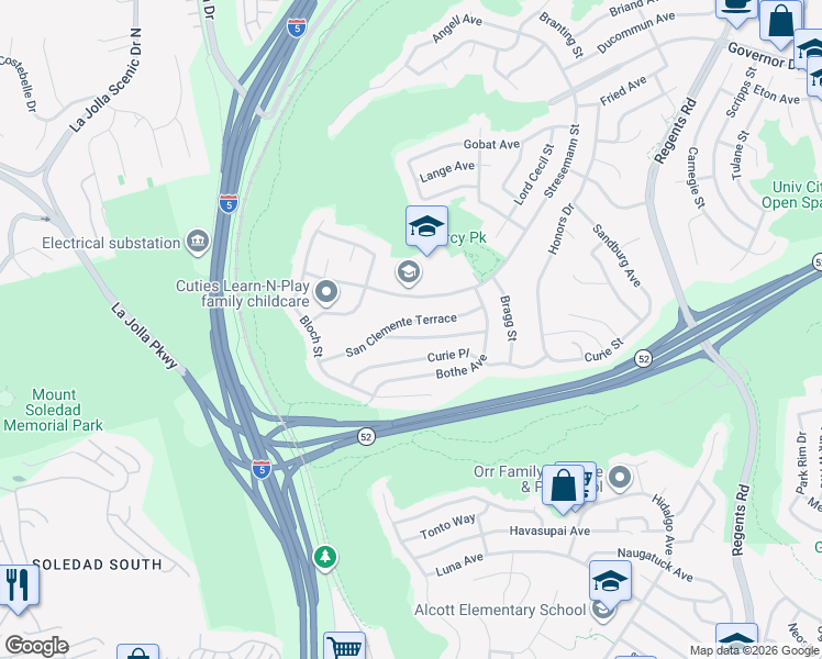map of restaurants, bars, coffee shops, grocery stores, and more near 2620 San Clemente Terrace in San Diego