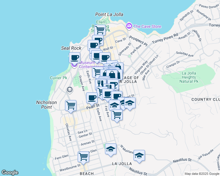 map of restaurants, bars, coffee shops, grocery stores, and more near 7611 Girard Avenue in San Diego