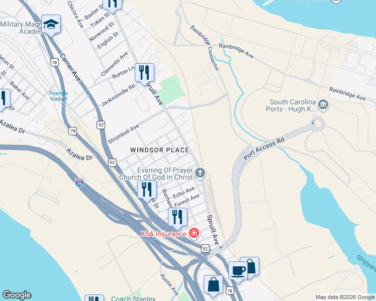 map of restaurants, bars, coffee shops, grocery stores, and more near 2440 Spruill Avenue in North Charleston
