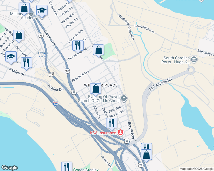 map of restaurants, bars, coffee shops, grocery stores, and more near 1911 Riverview Avenue in North Charleston
