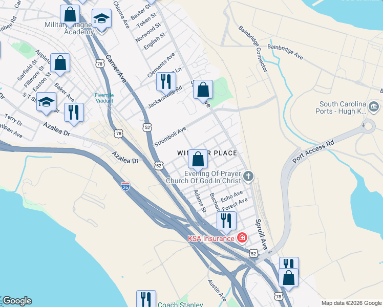 map of restaurants, bars, coffee shops, grocery stores, and more near 2007 Hampton Avenue in North Charleston
