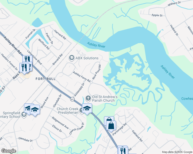map of restaurants, bars, coffee shops, grocery stores, and more near 2375 Rice Pond Road in Charleston