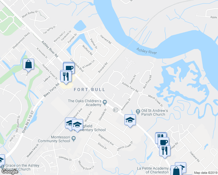 map of restaurants, bars, coffee shops, grocery stores, and more near 2766 Jobee Drive in Charleston