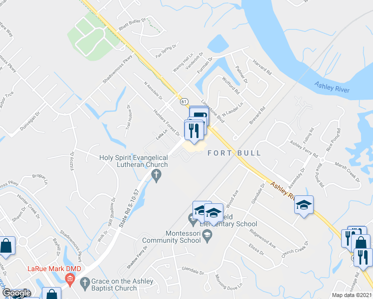 map of restaurants, bars, coffee shops, grocery stores, and more near 2901 Barrington Lane in Charleston