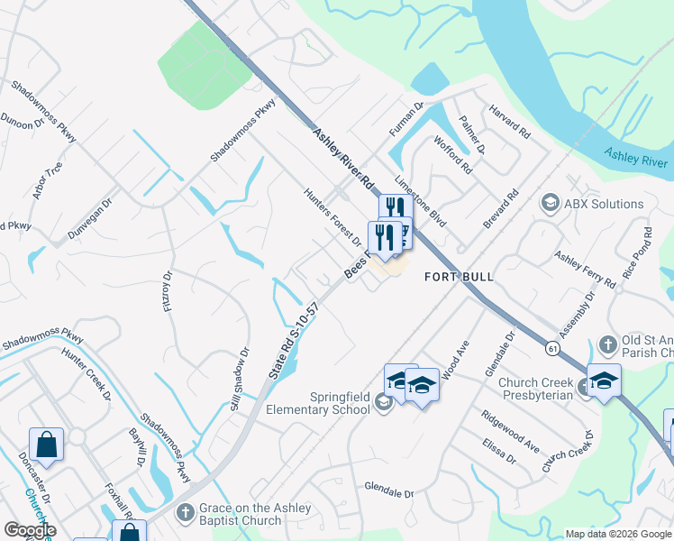 map of restaurants, bars, coffee shops, grocery stores, and more near 2919 Cathedral Lane in Charleston