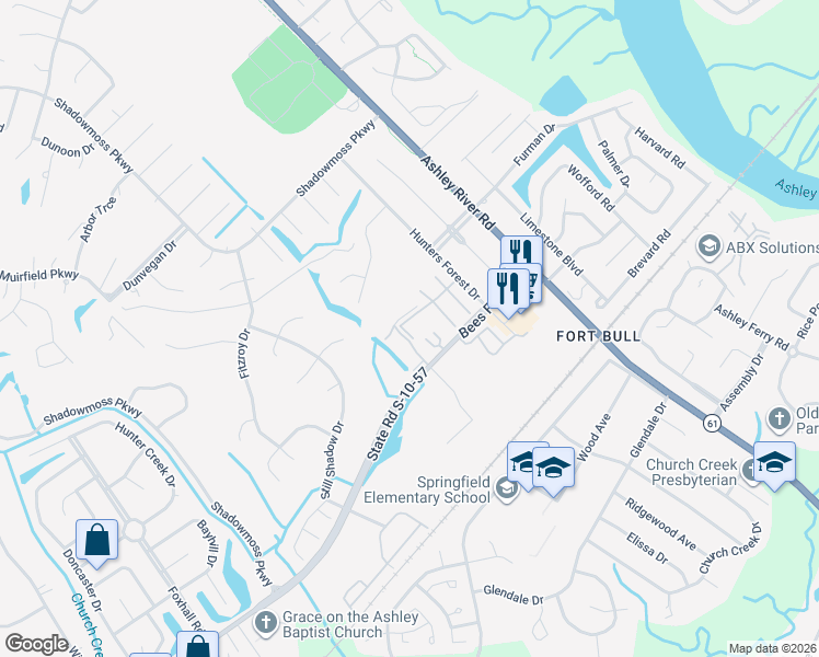 map of restaurants, bars, coffee shops, grocery stores, and more near 2932 Cheltenham Lane in Charleston